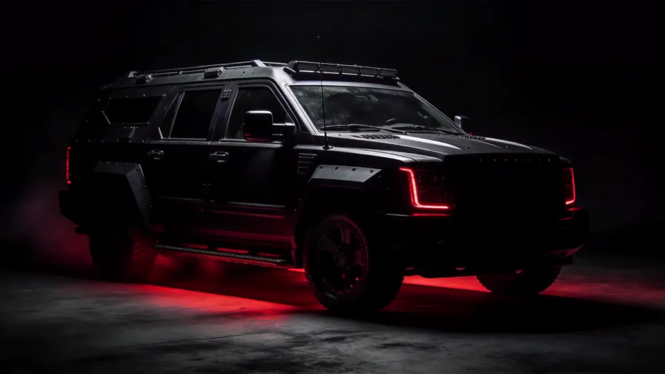 Blacked-out armoured luxury SUV emerging from shadow, edges catching dark red light