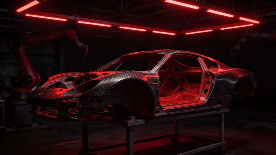 Bare carbon-fibre supercar monocoque on an assembly stand under red production lighting