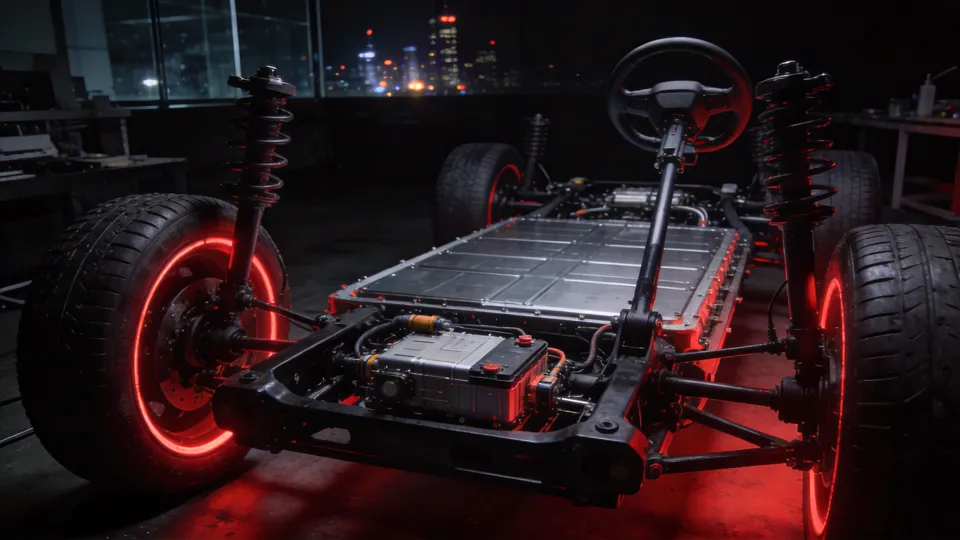 Electric vehicle rolling chassis with exposed battery platform in a red-lit development lab
